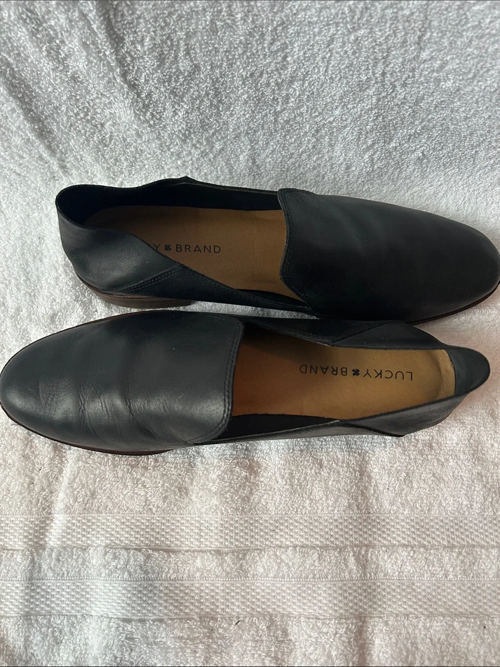 Lucky Brand Black Leather Slip-On Loafers with Brown Stacked Heel